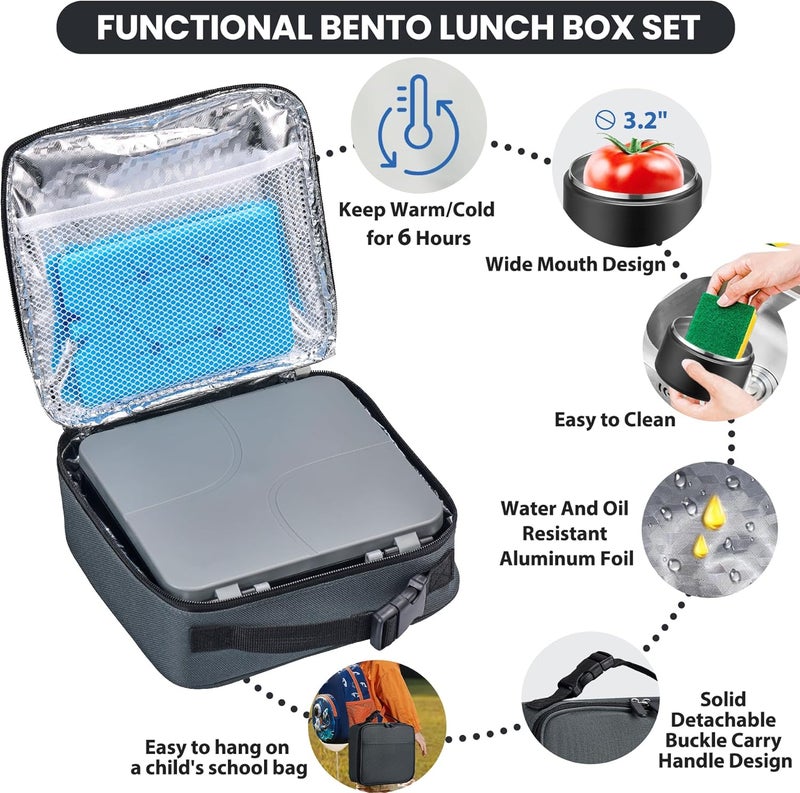 BABHAMNESS Bento Lunch Box with 8oz Soup Thermo,Kids Leakproof 4 Compartment Lunch Food Containers with Sauce Cup and Ice Pack,Kids Thermo Insulated Hot Food Jar and Lunch Bag for School,Trvael-Black - Image 3